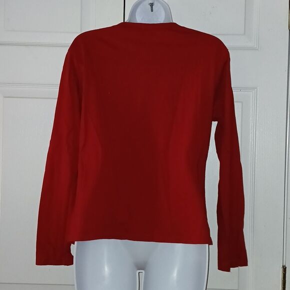 New York & Company red silver black floral front long sleeve shirt  Sz L EUC - Picture 4 of 5